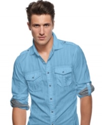 With roll-tabe sleeves, epaulets and tonal striping, this long-sleeved shirt from INC has all the style bells and whistles you need. With roll-tabe sleeves, epaulets and tonal striping, this long-sleeved shirt from INC has all the style bells and whistles you need.