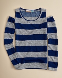 A longsleeve top is updated with cute shoulder cut-outs for a fresh take on a classic stripe top. A longsleeve top is updated with cute shoulder cut-outs for a fresh take on a classic stripe top.