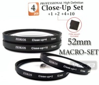 Zeikos 52mm 4 piece high definition Close-Up filter set (+1, +2, +4 and +10 Diopters) Magnification Kit - Metal Rim, includes deluxe case Zeikos 52mm 4 piece high definition Close-Up filter set (+1, +2, +4 and +10 Diopters) Magnification Kit - Metal Rim, includes deluxe case