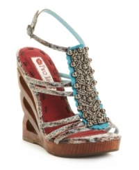 Show off your affinity for the outrageous. The Affinity sandals by Two Lips mix up animal print, heavy beading and a totally unique sculpted wedge heel for maximum impact. Show off your affinity for the outrageous. The Affinity sandals by Two Lips mix up animal print, heavy beading and a totally unique sculpted wedge heel for maximum impact.