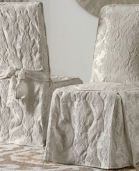 Ripe and ready for spring, the Matelasse Damask armless dining room chair slipcover presents a fresh damask design for your furniture. Extra-thick cording and a straight skirt make this slipcover sturdy and compatible with any style furniture, from slim-lined to camel back. Ripe and ready for spring, the Matelasse Damask armless dining room chair slipcover presents a fresh damask design for your furniture. Extra-thick cording and a straight skirt make this slipcover sturdy and compatible with any style furniture, from slim-lined to camel back.