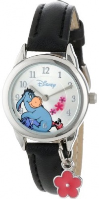 Disney Women's WTP053 Eeyore Black Leather Strap with Flower Charm Watch