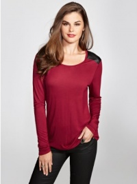 GUESS Women's Long-Sleeve Faux-Leather Contrast Top, RED WINE (XS) GUESS Women's Long-Sleeve Faux-Leather Contrast Top, RED WINE (XS)