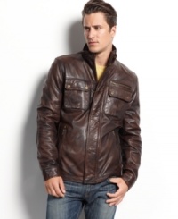 Cover up with classic cool in this medium-weight leather jacket from Guess. Cover up with classic cool in this medium-weight leather jacket from Guess.
