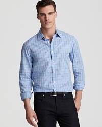 In a timeless check print, Michael Kors' slim-fitting sport shirt lends a tailored yet laid-back look. In a timeless check print, Michael Kors' slim-fitting sport shirt lends a tailored yet laid-back look.