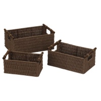 Household Essentials Hand-Woven Paper Rope Baskets with Wood Handles, Dark Brown Stain, Set of 3 Household Essentials Hand-Woven Paper Rope Baskets with Wood Handles, Dark Brown Stain, Set of 3
