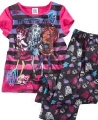 She'll be comfy, cozy and ready to have rockin' good dreams with this Monster High shirt and pant sleepwear set from Komar Kids. She'll be comfy, cozy and ready to have rockin' good dreams with this Monster High shirt and pant sleepwear set from Komar Kids.