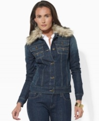 Lauren Jeans Co.'s classic denim jacket is updated for the season with a detachable faux-fur collar, adding luxurious appeal to any layered wardrobe. Lauren Jeans Co.'s classic denim jacket is updated for the season with a detachable faux-fur collar, adding luxurious appeal to any layered wardrobe.