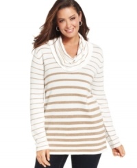 Cozy up to Jones New York Signature's striped plus size sweater, finished by a cowl neckline. Cozy up to Jones New York Signature's striped plus size sweater, finished by a cowl neckline.