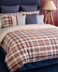 For an All-American look, dress your bed in this Tommy Hilfiger Vintage Plaid duvet cover set. A red, white & blue plaid landscape reverses to a contrasting, striped design for extra dimension. Button closure. For an All-American look, dress your bed in this Tommy Hilfiger Vintage Plaid duvet cover set. A red, white & blue plaid landscape reverses to a contrasting, striped design for extra dimension. Button closure.