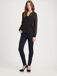 Burnout print gives this semi-sheer, silk-rich top some serious street style. V-neckHidden button frontLong sleevesButtoned cuffs55% silk/45% viscoseDry cleanImportedModel shown is 5'10 (177cm) wearing US size Small. Burnout print gives this semi-sheer, silk-rich top some serious street style. V-neckHidden button frontLong sleevesButtoned cuffs55% silk/45% viscoseDry cleanImportedModel shown is 5'10 (177cm) wearing US size Small.