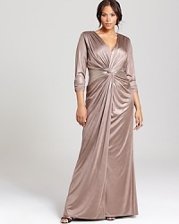 Sequin insets at the waist lend subtle sparkle to this shimmering Tadashi Shoji Plus gown, featuring a knot detail at the bodice for a gorgeously draped silhouette. Sequin insets at the waist lend subtle sparkle to this shimmering Tadashi Shoji Plus gown, featuring a knot detail at the bodice for a gorgeously draped silhouette.