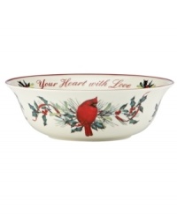 Perfect for serving holiday sides, this Lenox Winter Greetings bowl combines everything that's beautiful about the season in fine ivory porcelain. With the words, fill your home with joy, your heart with love, it also makes a thoughtful gift. Perfect for serving holiday sides, this Lenox Winter Greetings bowl combines everything that's beautiful about the season in fine ivory porcelain. With the words, fill your home with joy, your heart with love, it also makes a thoughtful gift.