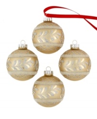 Embellished with graceful vines and glitter, these champagne and silver ball ornaments from Kurt Adler elevate the tree with timeless holiday style. Embellished with graceful vines and glitter, these champagne and silver ball ornaments from Kurt Adler elevate the tree with timeless holiday style.
