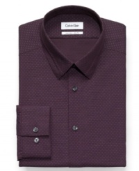 Sharp and simple-this Calvin Klein patterned shirt touts a slim fit and no-iron material for style that can't go wrong.