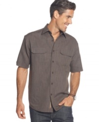 Send a shock-wave through your casual wear with this striped linen-blend shirt from Cubavera. Send a shock-wave through your casual wear with this striped linen-blend shirt from Cubavera.