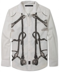 A unique graphic print gives this Sean John button down its edgy style. A unique graphic print gives this Sean John button down its edgy style.