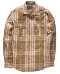 An over-sized light plaid seems to dissolve into deep blues, taking the typical plaid up a notch in this Charred Plaid long-sleeved shirt from Marc Ecko. An over-sized light plaid seems to dissolve into deep blues, taking the typical plaid up a notch in this Charred Plaid long-sleeved shirt from Marc Ecko.