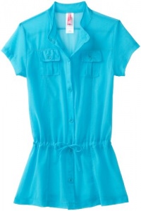 Gossip Girl 7-16 Mesh Solid Shirt Dress Cover Up, Aqua, Small Gossip Girl 7-16 Mesh Solid Shirt Dress Cover Up, Aqua, Small