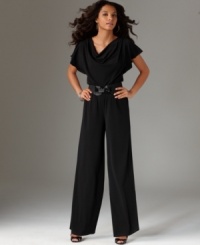 This breezy, blousy petite jumpsuit by AGB features a relaxed stretch fit and a nipped belted waist to create a feminine silhouette. This breezy, blousy petite jumpsuit by AGB features a relaxed stretch fit and a nipped belted waist to create a feminine silhouette.