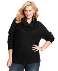 Cozy up with Extra Touch's plus size cable-knit sweater, finished by a cowl neckline. Cozy up with Extra Touch's plus size cable-knit sweater, finished by a cowl neckline.