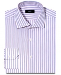 With a strong stripe, this Hugo Boss shirt makes a sophisticated statement in any wardrobe. With a strong stripe, this Hugo Boss shirt makes a sophisticated statement in any wardrobe.
