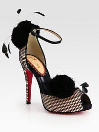 Lightweight feathers define this ethereal-inspired satin peep toe silhouette, with a delicate fishnet overlay. Self-covered heel, 4¾ (120mm)Hidden platform, ¾ (20mm)Compares to a 4 heel (100mm)Satin upper with fishnet overlay and feathersAdjustable ankle strapLeather liningSignature red leather solePadded insoleMade in Italy Lightweight feathers define this ethereal-inspired satin peep toe silhouette, with a delicate fishnet overlay. Self-covered heel, 4¾ (120mm)Hidden platform, ¾ (20mm)Compares to a 4 heel (100mm)Satin upper with fishnet overlay and feathersAdjustable ankle strapLeather liningSignature red leather solePadded insoleMade in Italy