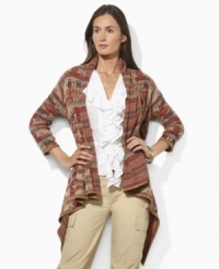 An open draped front, stylish textured stripes and three-quarter-length sleeves lend a contemporary feel to a chic cardigan in soft linen and silk. An open draped front, stylish textured stripes and three-quarter-length sleeves lend a contemporary feel to a chic cardigan in soft linen and silk.
