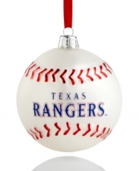 Bring year-round cheer to Texas with the MLB baseball ornament from Kurt Adler. It's a guaranteed hit with Rangers fans in red and white glass. Bring year-round cheer to Texas with the MLB baseball ornament from Kurt Adler. It's a guaranteed hit with Rangers fans in red and white glass.