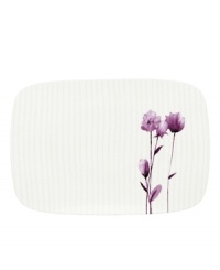 Blur the line between garden style and modern design with the Watercolors Amethyst rectangular platter. Purple blossoms flourish against a playful dot pattern while the white coupe shape couples the sleek look and unparalleled durability of bone china. (Clearance) Blur the line between garden style and modern design with the Watercolors Amethyst rectangular platter. Purple blossoms flourish against a playful dot pattern while the white coupe shape couples the sleek look and unparalleled durability of bone china. (Clearance)