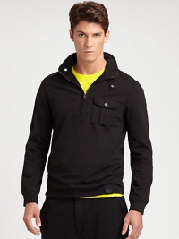 Sleeve pockets and ventilating grommets lend a sporty weekend favorite a subtle utilitarian feel in a soft cotton terry construction.Half-zip frontStand collarChest flap pocketCottonMachine washImported Sleeve pockets and ventilating grommets lend a sporty weekend favorite a subtle utilitarian feel in a soft cotton terry construction.Half-zip frontStand collarChest flap pocketCottonMachine washImported