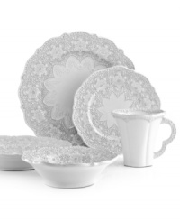 Handcrafted in the Italian tradition, the Merletto place setting is intricately embellished with a lacy floral texture and painted a creamy antique white. An elegant companion to Arte Italica dinnerware. Handcrafted in the Italian tradition, the Merletto place setting is intricately embellished with a lacy floral texture and painted a creamy antique white. An elegant companion to Arte Italica dinnerware.