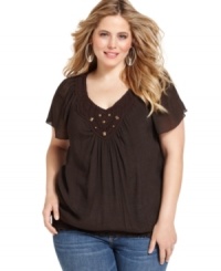 Partner your favorite causal bottoms with AGB's short sleeve plus size peasant top, featuring an embellished neckline. Partner your favorite causal bottoms with AGB's short sleeve plus size peasant top, featuring an embellished neckline.