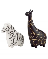 Full of personality, animal-shaped salt and pepper shakers are a fun surprise at any table from kate spade new york. Featuring a white zebra and black giraffe with whimsical gold detail. Full of personality, animal-shaped salt and pepper shakers are a fun surprise at any table from kate spade new york. Featuring a white zebra and black giraffe with whimsical gold detail.
