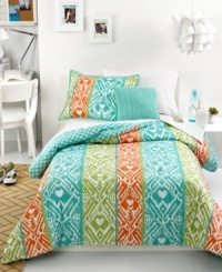 Vibrant color takes center stage in this Marci comforter set with a hot palette of orange, lime green and turquoise. Vertical stripes are embellished with a painterly pattern and ribbon accents. Reverses to an allover heart design. Vibrant color takes center stage in this Marci comforter set with a hot palette of orange, lime green and turquoise. Vertical stripes are embellished with a painterly pattern and ribbon accents. Reverses to an allover heart design.