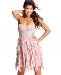 Take the party by delicate storm in a strapless dress washed in silvery glitter and fairylike ruffles. From Speechless. Take the party by delicate storm in a strapless dress washed in silvery glitter and fairylike ruffles. From Speechless.