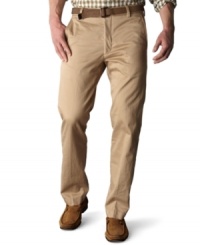 For the perfect combination of comfort and professional polish, get a pair of Dockers khaki flat-fronts. For the perfect combination of comfort and professional polish, get a pair of Dockers khaki flat-fronts.