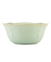 With fanciful beading and a feminine edge, this Lenox French Perle bowl has an irresistibly old-fashioned sensibility. Hardwearing stoneware is dishwasher safe and, in an ethereal ice-blue hue with antiqued trim, a graceful addition to every meal. With fanciful beading and a feminine edge, this Lenox French Perle bowl has an irresistibly old-fashioned sensibility. Hardwearing stoneware is dishwasher safe and, in an ethereal ice-blue hue with antiqued trim, a graceful addition to every meal.