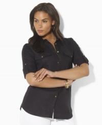 A luxe take on the crisp, tailored look of a classic plus size workshirt, Lauren by Ralph Lauren's light-as-air linen version is designed for modern femininity with subtle nautical undertones. A luxe take on the crisp, tailored look of a classic plus size workshirt, Lauren by Ralph Lauren's light-as-air linen version is designed for modern femininity with subtle nautical undertones.