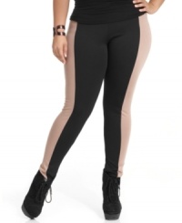Sport on-trend style with ING's plus size leggings, featuring a colorblocked pattern! Sport on-trend style with ING's plus size leggings, featuring a colorblocked pattern!