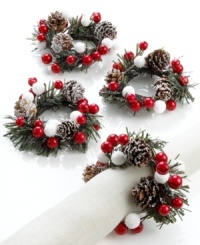 A wintry mix of snow-capped pine cones and berries, these Excell napkin rings bring the natural beauty of the season to every table setting. A wintry mix of snow-capped pine cones and berries, these Excell napkin rings bring the natural beauty of the season to every table setting.