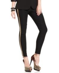 Piped with luxe, metallic stripes, Urban Heart's skinny pants delivers big on glam party style. Piped with luxe, metallic stripes, Urban Heart's skinny pants delivers big on glam party style.