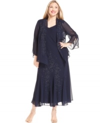 Taking inspiration from a starry night, this plus size beaded dress and jacket ensemble by R&M Richards is a perfect choice for your next special occasion. Taking inspiration from a starry night, this plus size beaded dress and jacket ensemble by R&M Richards is a perfect choice for your next special occasion.