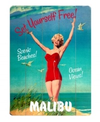 Set yourself free! With ocean views, scenic beaches and a glamorous bathing beauty, this wonderfully retro sign brings you back to a bygone era of sunny, happy Malibu. Set yourself free! With ocean views, scenic beaches and a glamorous bathing beauty, this wonderfully retro sign brings you back to a bygone era of sunny, happy Malibu.