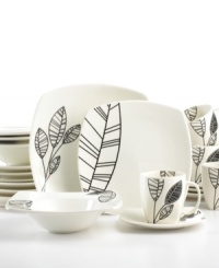 Stylized leaves in crisp black and white give the geometric shapes of Pietra dinnerware an added edge. Pattern differs from bowl to cup to plate for a look that always catches your eye. Stylized leaves in crisp black and white give the geometric shapes of Pietra dinnerware an added edge. Pattern differs from bowl to cup to plate for a look that always catches your eye.