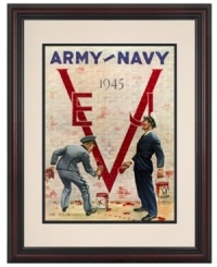 Salute military football heroes with Army-Navy artwork. The Army won the 1945 football contest, but the teams unite on the game's program cover to paint a V for victory in World War II. A cherry-finished frame and double mat complete this classic reproduction. Salute military football heroes with Army-Navy artwork. The Army won the 1945 football contest, but the teams unite on the game's program cover to paint a V for victory in World War II. A cherry-finished frame and double mat complete this classic reproduction.