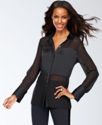 A tailored shirt goes seriously glam when rendered in sheer chiffon with satin insets! INC's top borrows style from the boys, but has wholly feminine flair. A tailored shirt goes seriously glam when rendered in sheer chiffon with satin insets! INC's top borrows style from the boys, but has wholly feminine flair.