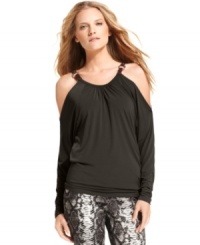 Cutout details and faux-leather straps with hardware up the edge on this MICHAEL Michael Kors petite top -- perfect for a stylish summer look! Cutout details and faux-leather straps with hardware up the edge on this MICHAEL Michael Kors petite top -- perfect for a stylish summer look!