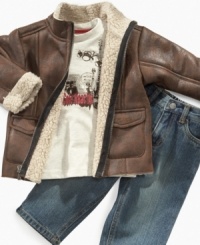 Put your little one in the spotlight with this cute fleece-lined jacket, graphic tee and denim set from Kenneth Cole. Put your little one in the spotlight with this cute fleece-lined jacket, graphic tee and denim set from Kenneth Cole.