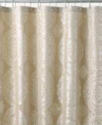 Martha Stewart Collection brings a touch of elegance to your bathroom with this Bricklane shower curtain, featuring an allover floral medallion print. Choose from either a neutral or black color scheme. Martha Stewart Collection brings a touch of elegance to your bathroom with this Bricklane shower curtain, featuring an allover floral medallion print. Choose from either a neutral or black color scheme.